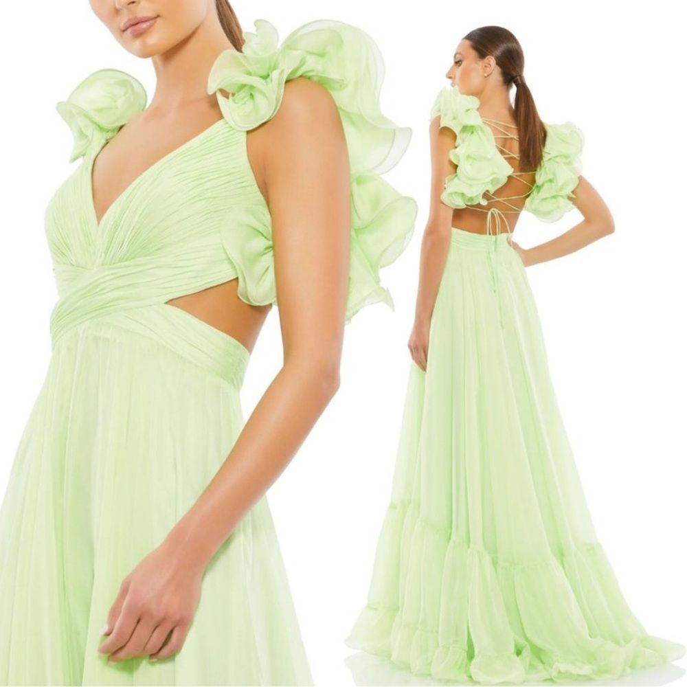 💞 NWT-MAC DUGGAL Mint Green Ruffle Tiered Cut-Out Chiffon Gown 67911 Sz 6 - Picture 6 of 12